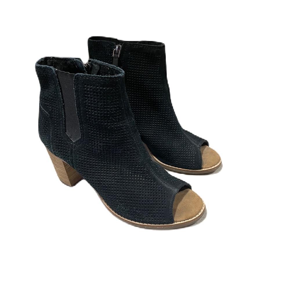 Toms Black Peep Toe Ankle Bootie Block Heel Shoe Size 7.5 Faux Suede